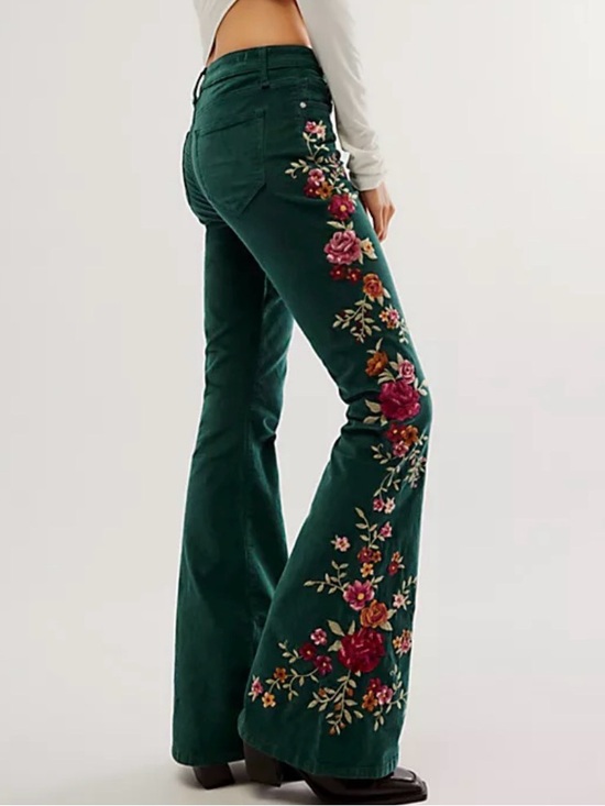 DRIFTWOOD Denim - Driftwood Farrah Corduroy Embroidered Floral Flare Pants|Dark Green multi NWT~24